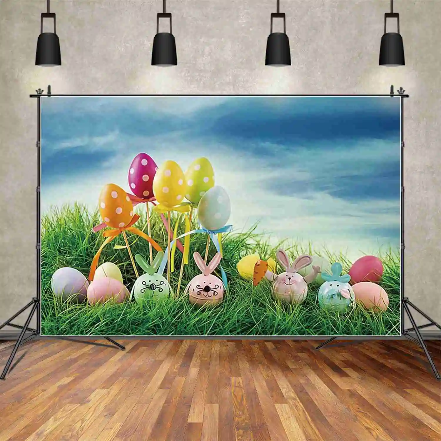 MOON.QG Easter Decoration Backdrop Photography Rainbow Tulip Colorful Eggs Photocall Background Children Studio Photozone Props