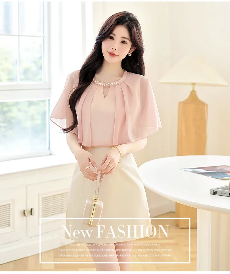 Mode 2026 Sommer Kurzarm O-Ausschnitt Süße Damenbluse Rosa Chiffon-Bluse Hemden Damen-Tops Blusas De Mujer Camisas N602 – Detail 6