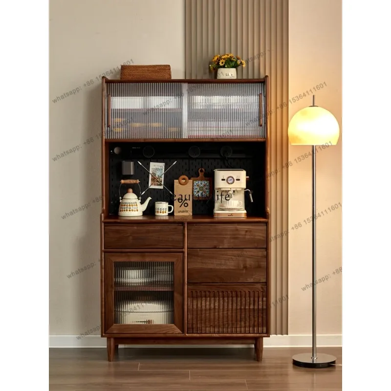XX Nordic Dining Side Black Walnut Integrated Wall Storage Cabinet Japanese Solid Wood Double Layer High Cabinet