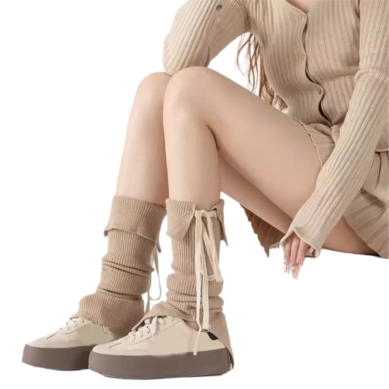 

Women Ribbed Knit Leg Warmers JK Girls Sweet Lace Up Bowknot Turn Cuff Cuffs Leg Cover Side Split Solid Color Long Socks