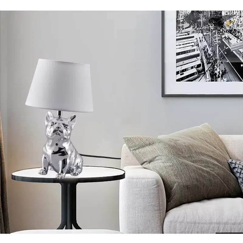 Modern French Bulldog Resin Table Lamp with Fabric Shade Cute Animal Night Light for Bedroom Living Room Home Decor Gift