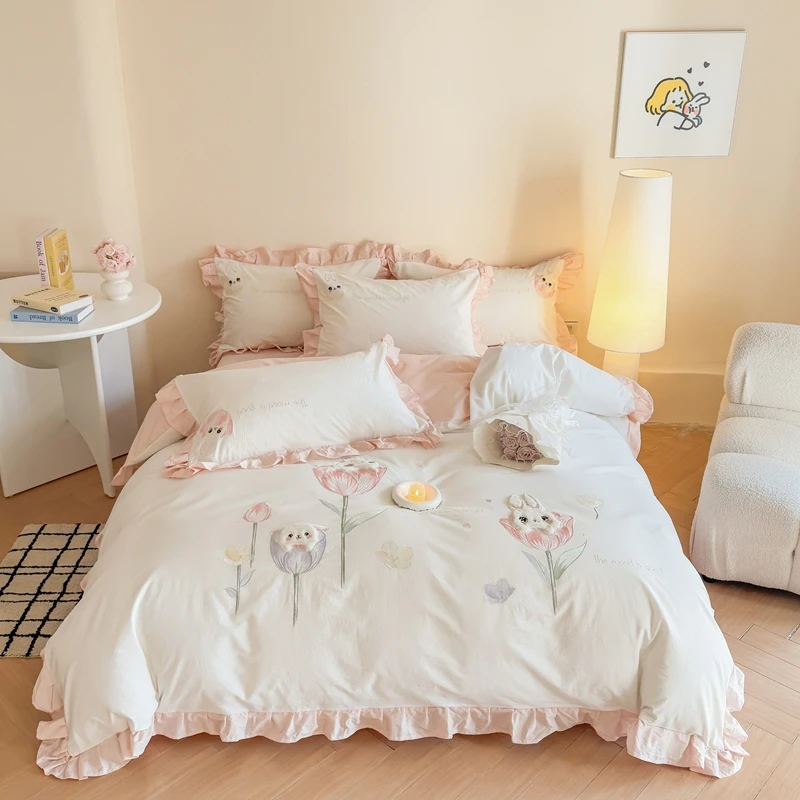 

Cartoon Tulip Rabbit Washed Cotton Applique Bedding Set, Duvet Cover, Linen Fitted Sheet, Pillowcases, Home Textile