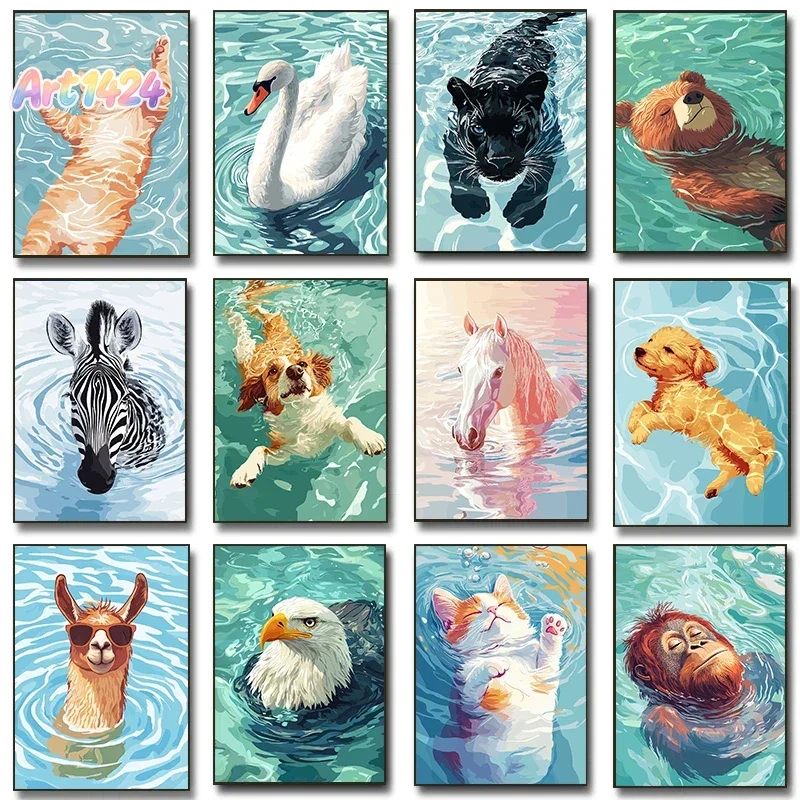 (No frame)Cute Animals Floating Peacefully in Water Posters Black Panther Swimming Prints Canvas Painting Wall Art Picture Ho