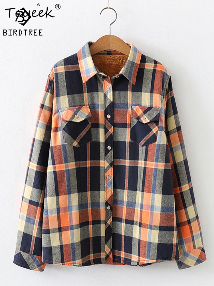 

Velvet Thick Warm Women's Plaid Shirt Female Long Sleeve Tops M-5XL Winter Fleece Casual Check Blouse Autumn Clothes T77710A