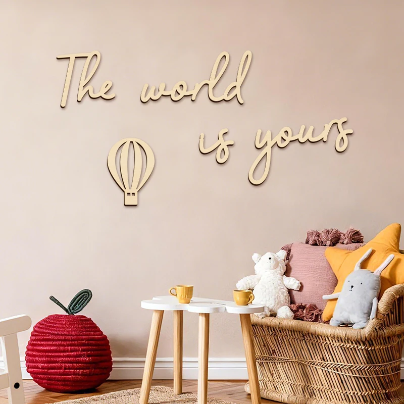 Wooden Wall Stickers Door Sign Wall Stickers Wood Letters Phrase with Hot Air Balloon Decoration Wall Art Inspirational Quotes