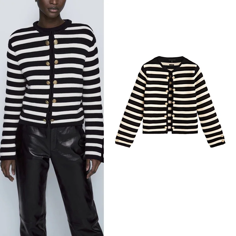 Retro Striped Knitted Long Sleeve round Neck Open Cardigan Color Block Polyester Fiber Women's Fashion Outerwear 2024 New Arr...