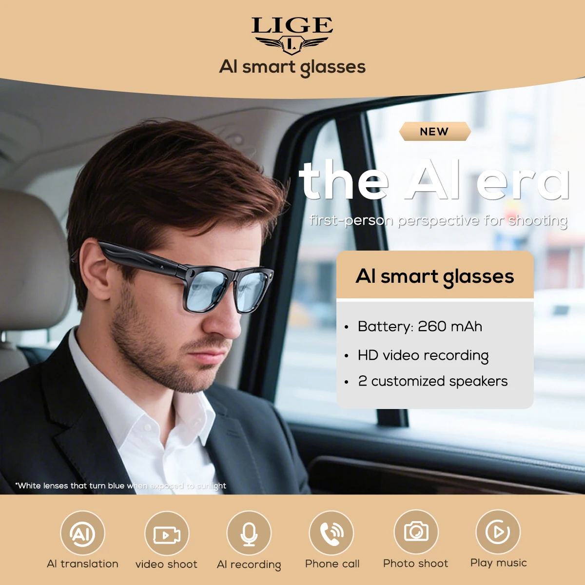 

LIGE Smart Glasses 100W Camera HD Record Video Smart Glasses AI Voice Assistant Bluetooth Call Take Photos Sunglasses Outdoors
