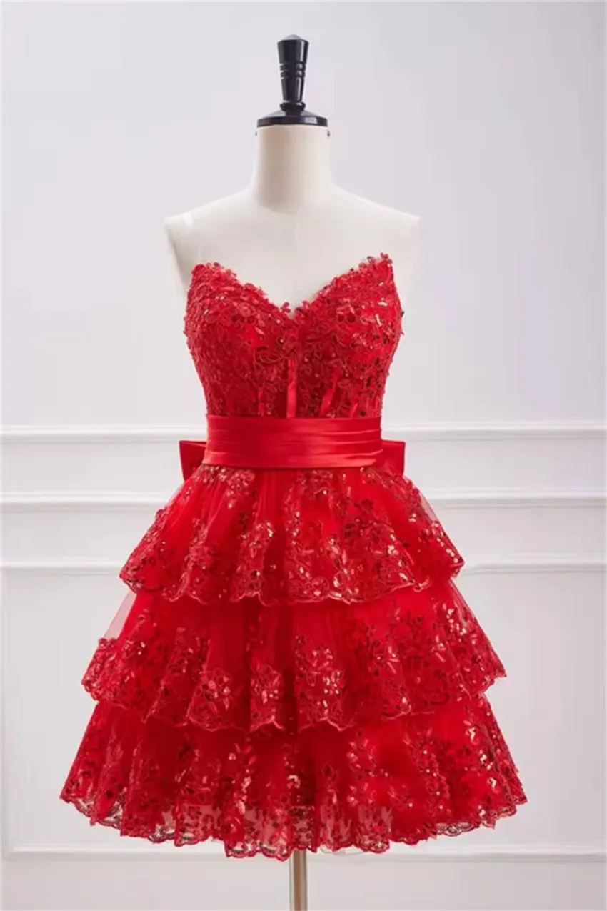 Customized Red Tulle Short Ball Dress Strapless Embroidered Glitter Sequins Homecoming Dress Special Event Cocktail Party Dress