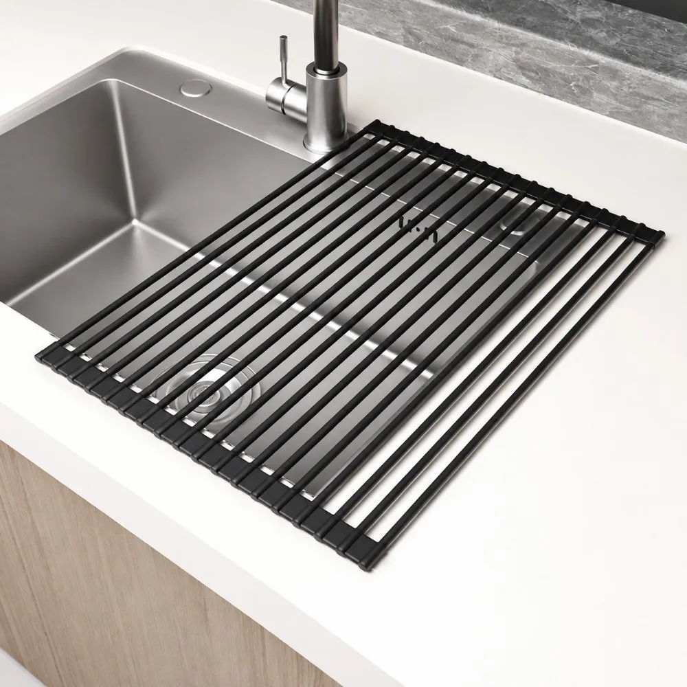 Kitchen Drying Mat Foldable Dish Drying Rack Roll Up Space-Saving Drain Basket Anti-Slip Easy Storage Silicone Drain Rack Dishes