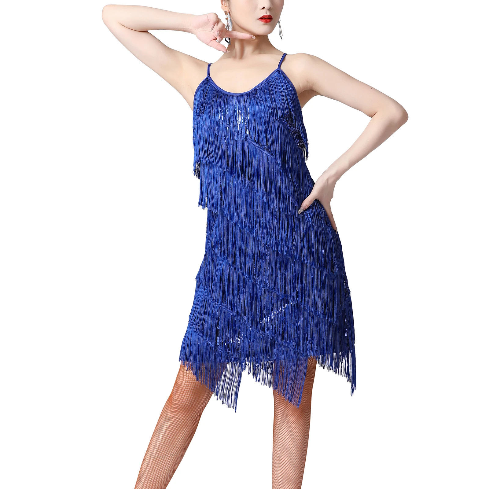 

Women Tiered Fringe Latin Dance Dress Shiny Sequins Tassel Flapper Dress 1920s Ballroom Tango Cha-Cha Samba Dancing Costume