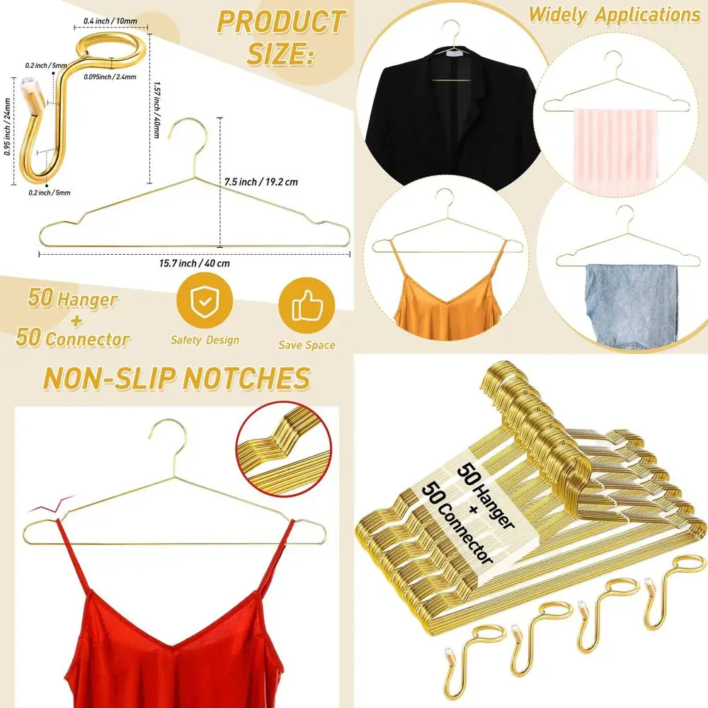 

100-Piece Gold Hanger Set: 50 Metal Wire Hangers & 50 Connector Hooks for Space-Saving Storage