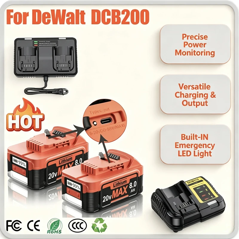 8000mAh For Dewalt DCB200 Battery PD Interface Port DCB184 DCB182 DCB180 DCB181 DCB182 DCB20 20V Power With Type-C Connect PD