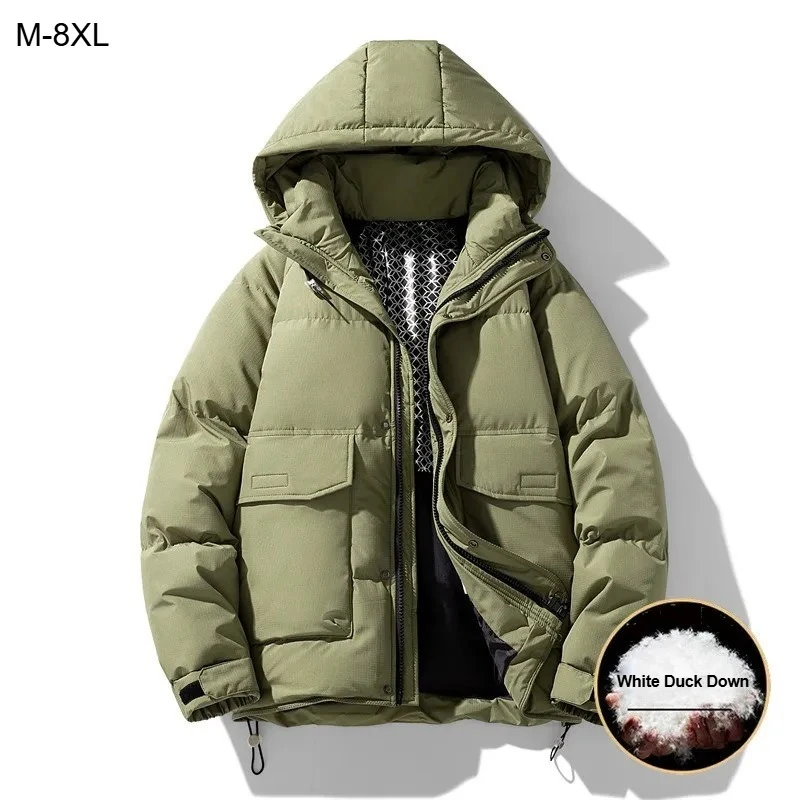 

White Duck Down Clothes Men Winter 7XL 8XL Loose Warm Handsome Plus Size Boys Male Popular Hooded Jacket Outdoor Trend Coats