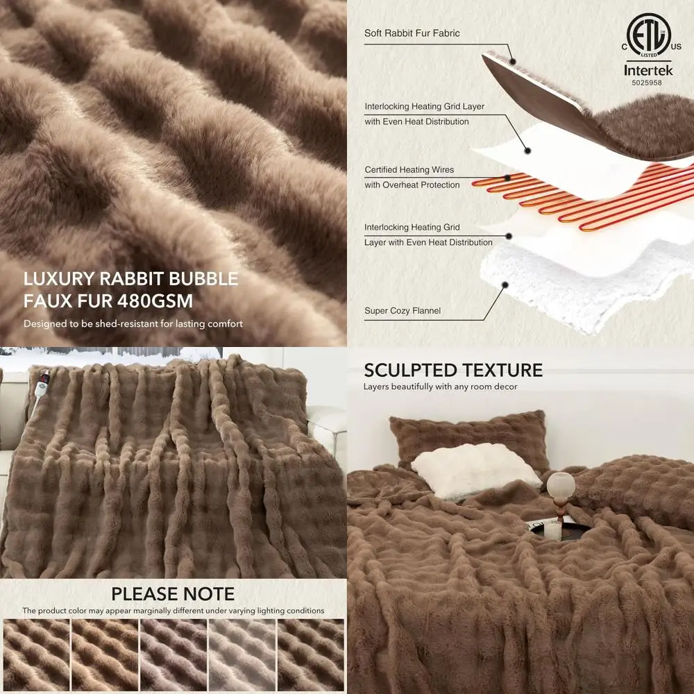 

Camel-Colored Faux Rabbit Fur Electric Blanket - Plush Warm Throw with 6 Heat Levels & 4 Timer Options, Ideal for Home Decor