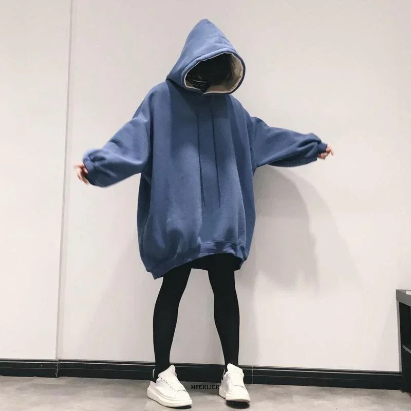 

Зимние флисовые толстовки Harajuku, Женский однотонный свитшот с капюшоном, женская верхняя одежда, Топ с длинным рукавом