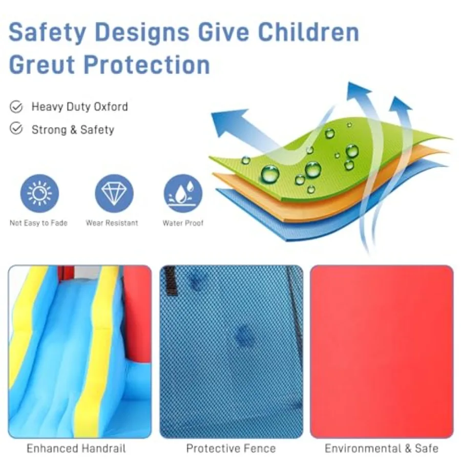 Inflatable Bounce House, Jumping Outdoor Air Castle Bouncer Double Water Slide with 750W Air-Blower (181" L x 143.7" W x 76.8" H