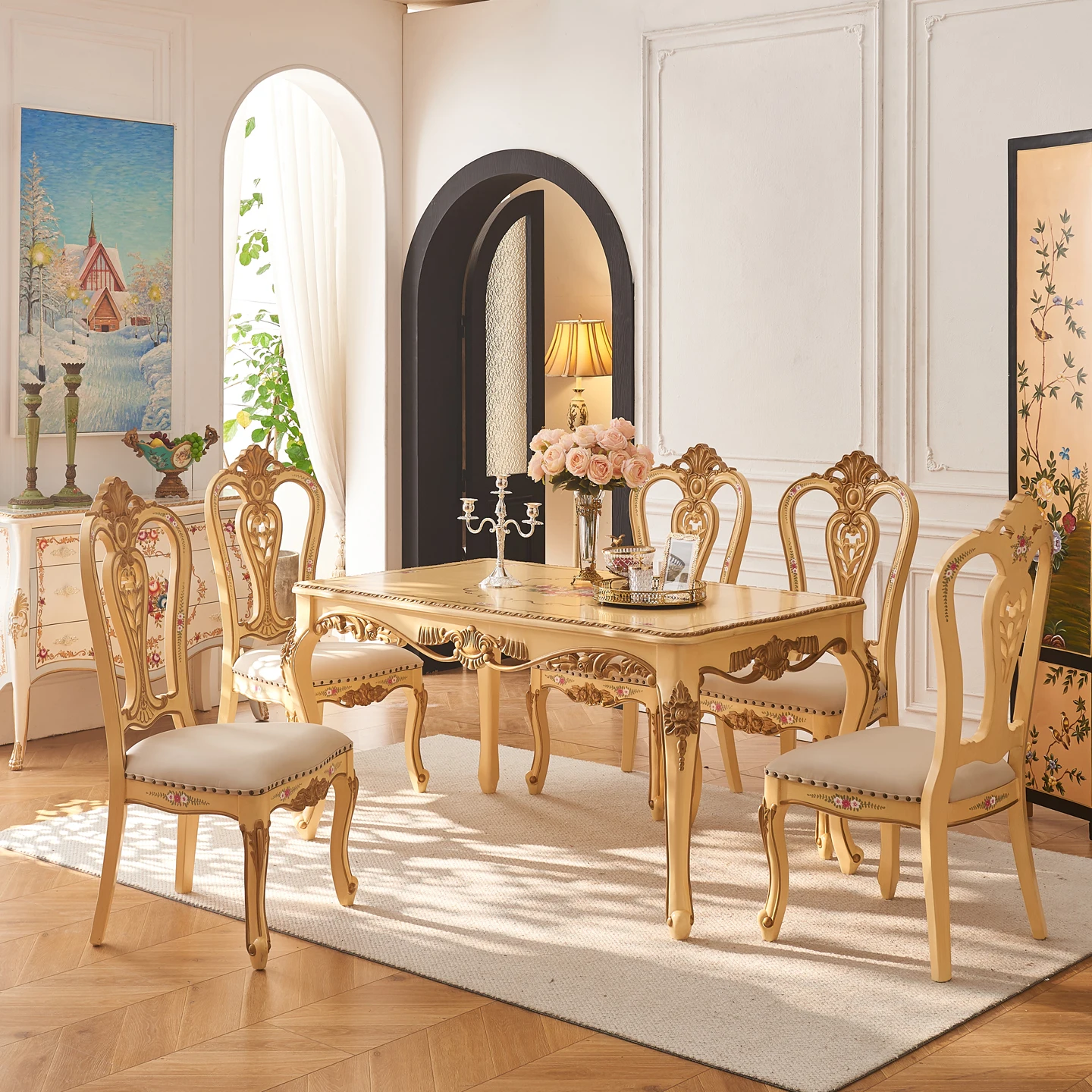 LMM， retro small French small apartment solid wood painted rose dining table and chair combination