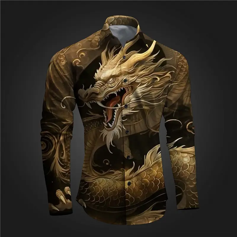 Retro Men's Shirt Dragon Print Flower Long Sleeve Shirt For Men Spring Autumn Long Sleeve Button Shirt Oversized Men Cloths Tops