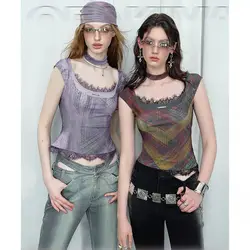 British Punk Vintage Plaid Lace Patchwork Short Sleeved Square Neck T-shirt Chic Lace Patchwork Crop Tops E-girl Preppy College