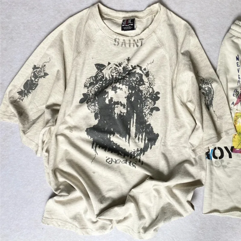 Vintage Distressed Washed Worn Summer Saint Tshirts Graffiti Flower Wreath Portrait Jesus Splashed Ink Short Sleeve Men Women