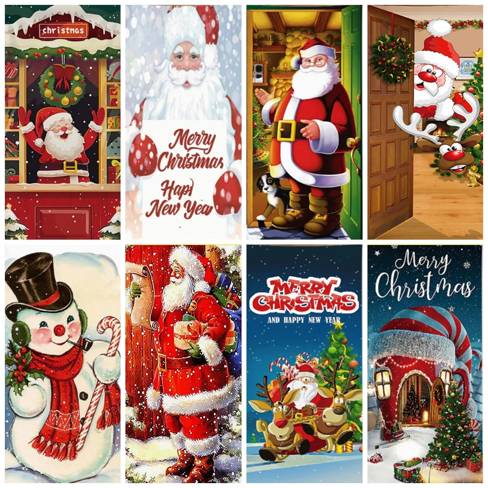 

Happy Christmas Background Decoration Snowman Santa Claus Giving Gifts Backdrop Banner Door Cover Baby Shower Photography Props