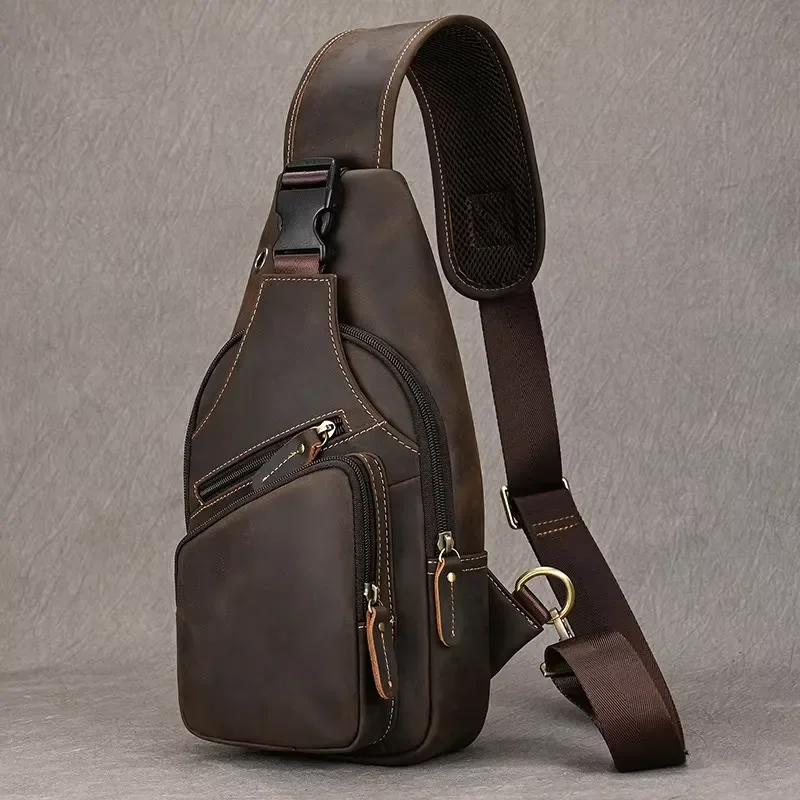 Crazy Horse Leather Fashion Men's Casual Retro Crossbody Breast Bag Waterproof Zipper Buckle Closed Storage Design Commuter