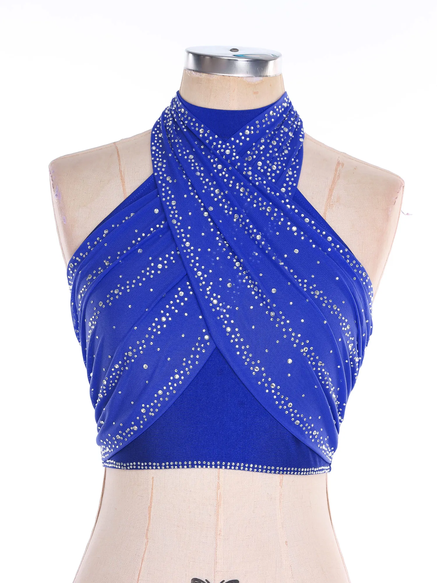 Women Salsa Cha-Cha Latin Dance Costume Outfits Sleeveless Rhinestones Cross Ruched Mesh Overlay Crop Tops And Tassels Skirted