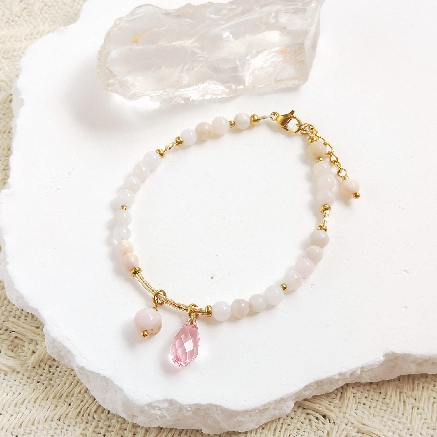 Lii Ji Natural Pink Opal 4mm Stainless Steel 14K Gold Filled Bracelet Handmade Fashion Jewelry