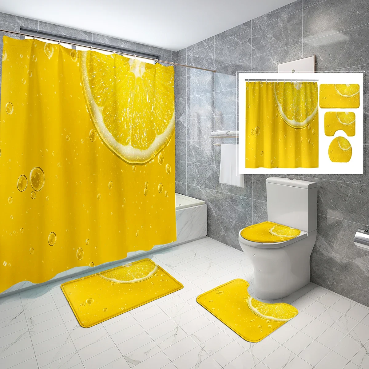 

4 Pcs Lemons Shower Curtain Sets with Toilet Lid Cover and Bath Mat Yellow Fruit Lime Juice Plant Bath Curtain Bathroom Sets