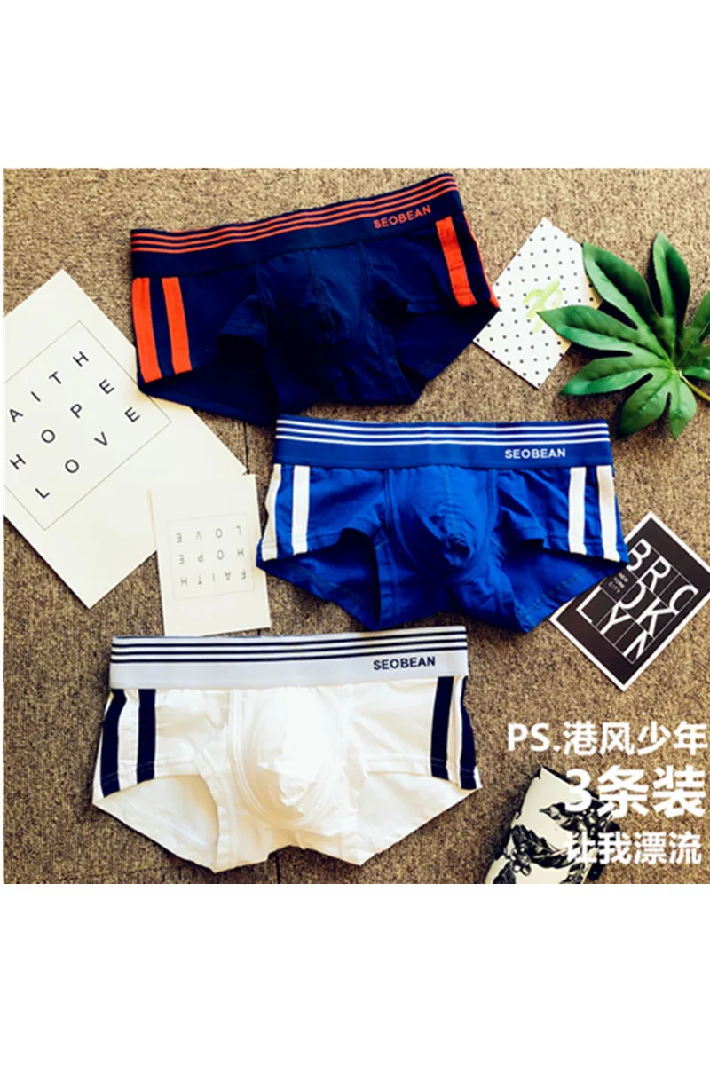 3pcs/lot Trendy men\'s underwear youth cotton stripe low rise breathable Boxer Hong Kong style comfortable shorts