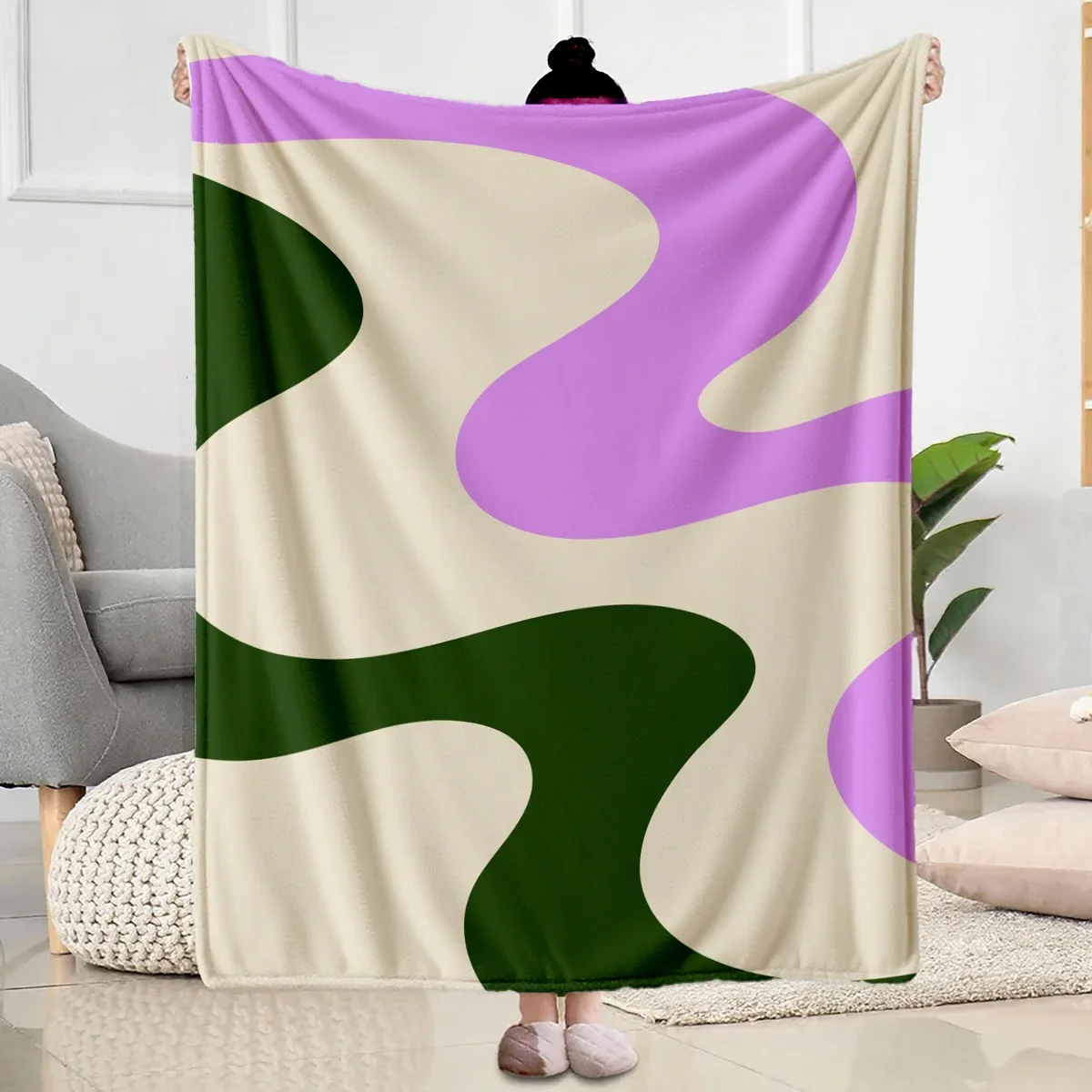 Stylish Boho Abstract Curve Color Block Geometric Art Pattern Flannel Blanket Warm Throw For Lounge Bedroom Holiday Warm Gift