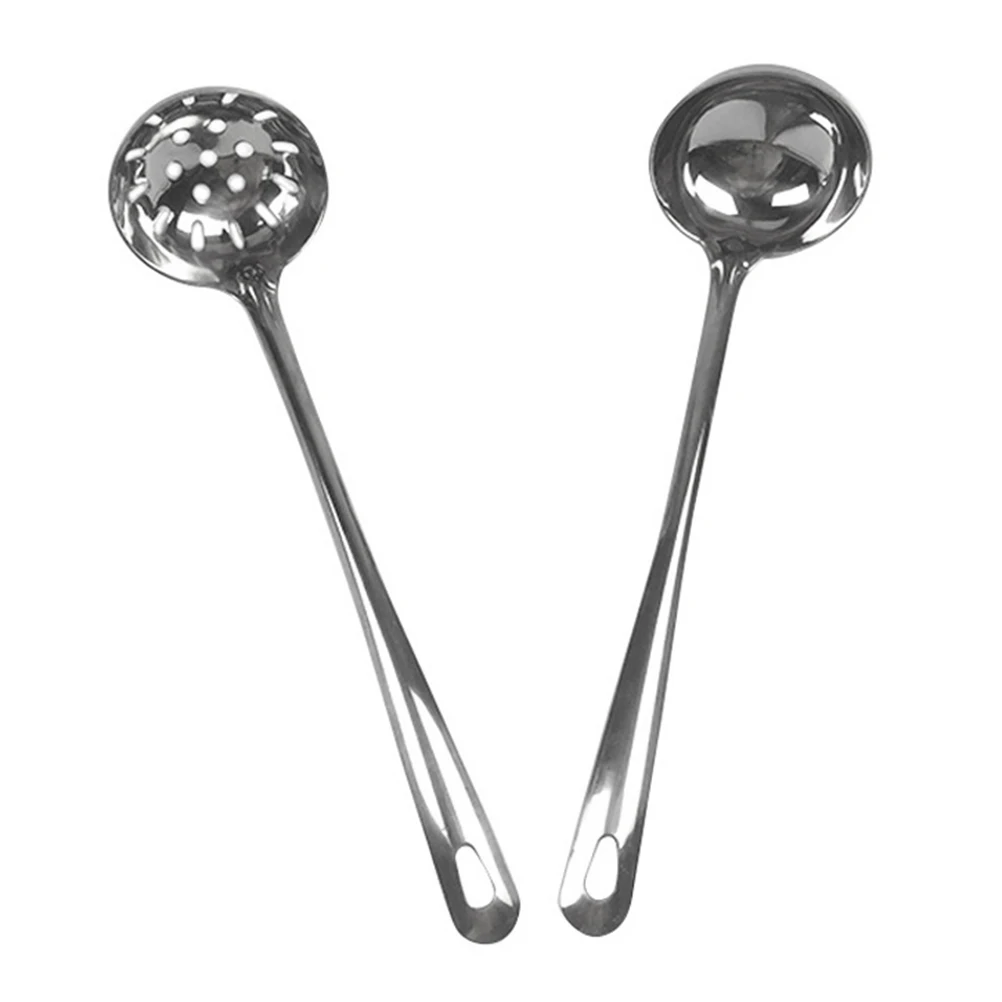 

2pcs Stainless Steel Colander Spoon Combination Ergonomic Handle Hole Design Wall Mounted Cooking Serving Ladle
