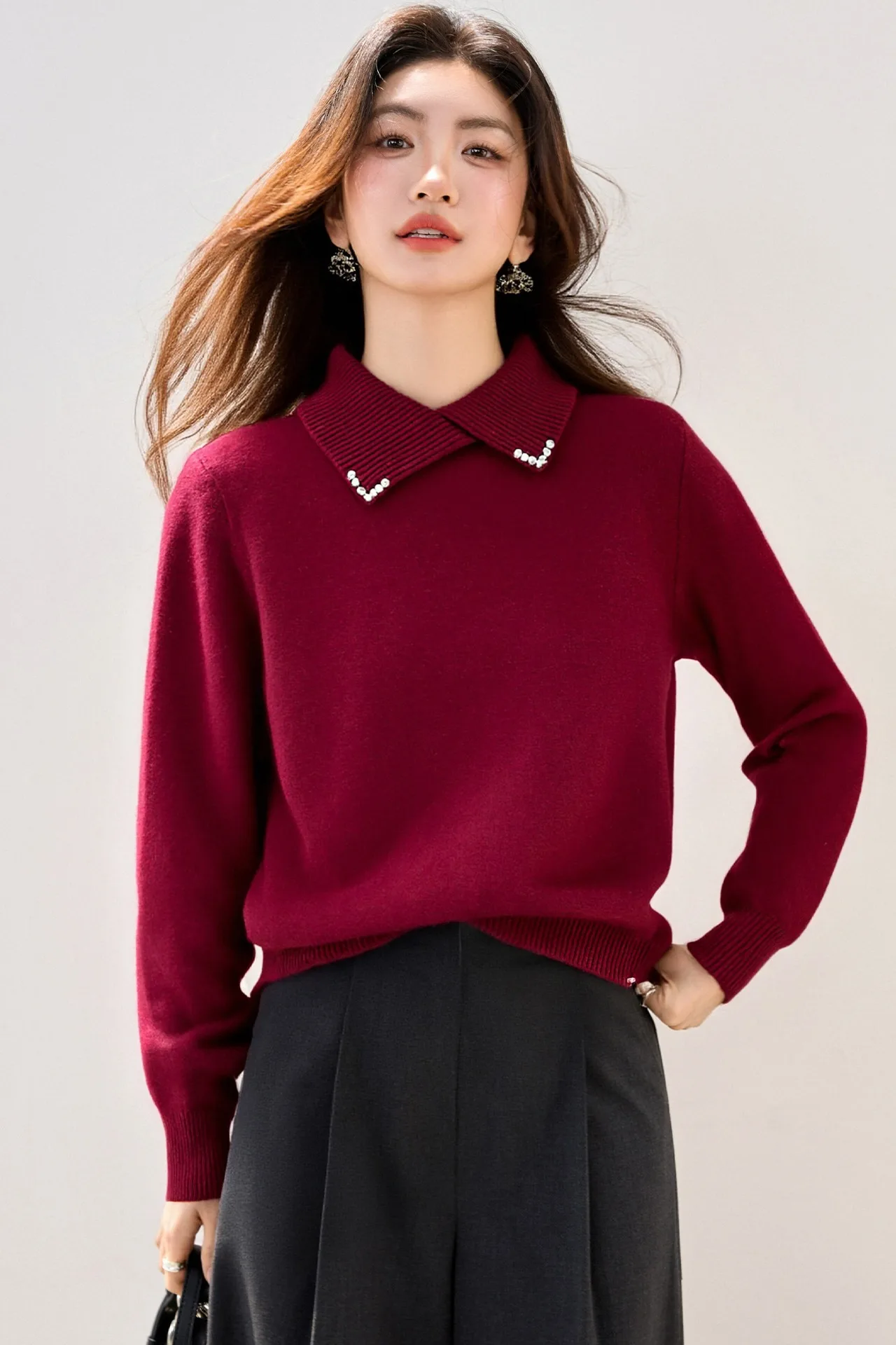 سترة الياقة المدورة الحمراء هي بلوزة داخلية فائقة المظهر للنساء للارتداء أثناء العام الجديد في الخريف والشتاء #5