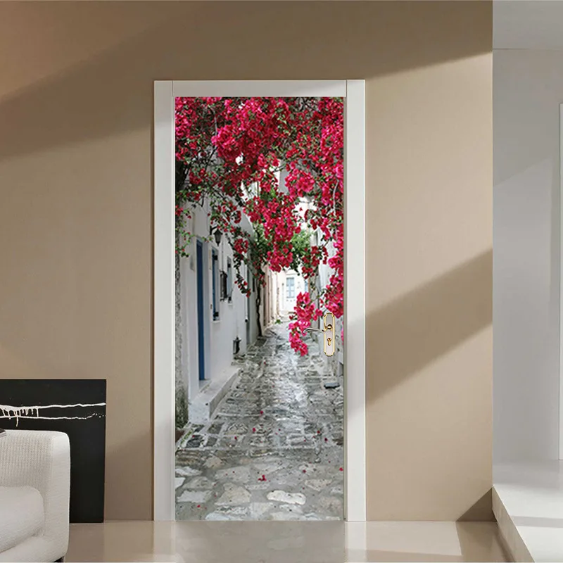 Village Door Stickers Unique Decorative Style Vinyl PVC Waterproof Self-Adhesive Posters and Murals for Small Town Homes