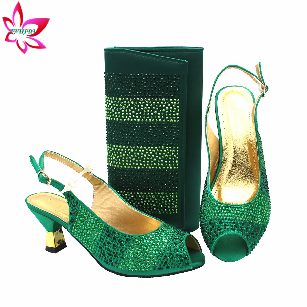 Mature Style New Design Italian Women Shoes and bag Set in Green Color Decorate with Rhinestone Pumps for Wedding Party