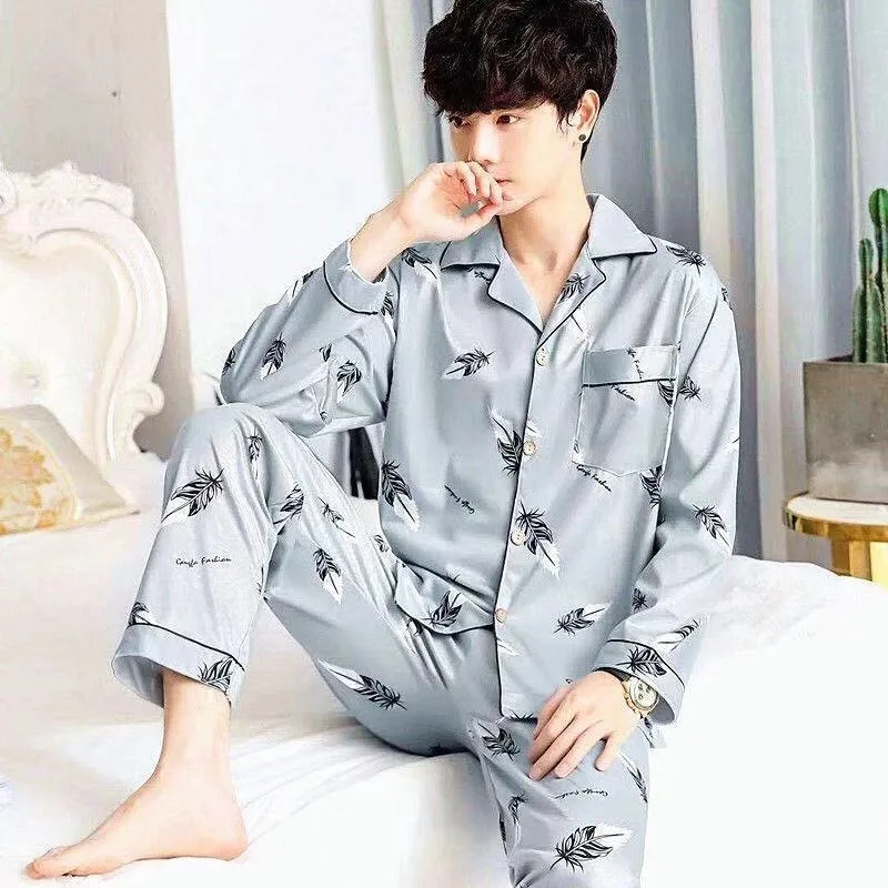 Men\'s Spring and Fall Long-Sleeved Long Pants Pajamas Cardigan Big Size Korean Nightwear Loungewear Leisure Sleepwear Homewear