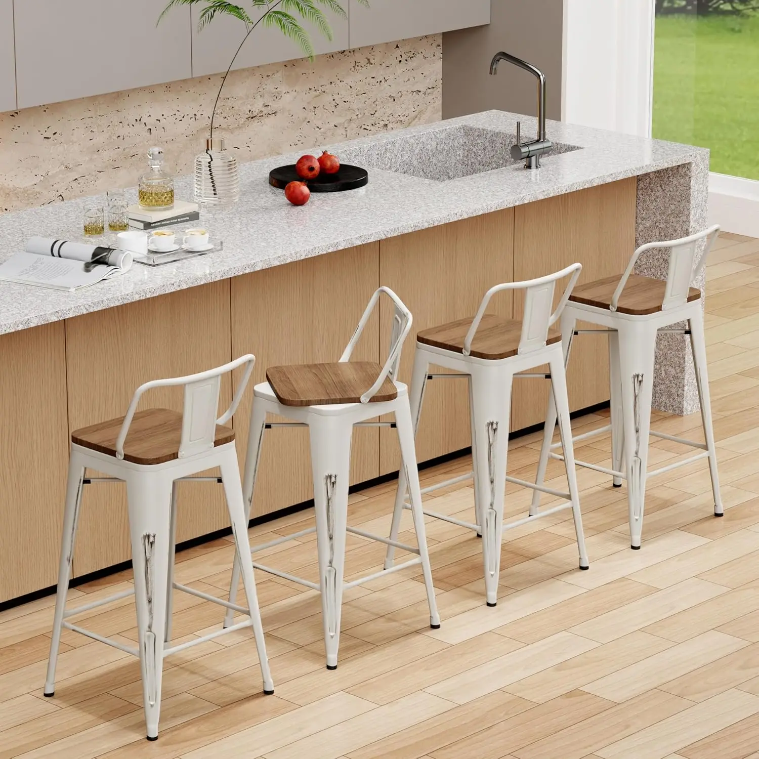 24 Inch Bar Stools Set Of 4 Counter Height Kitchen Barstools Metal Swivel Bar Chairs Stool With Back,White