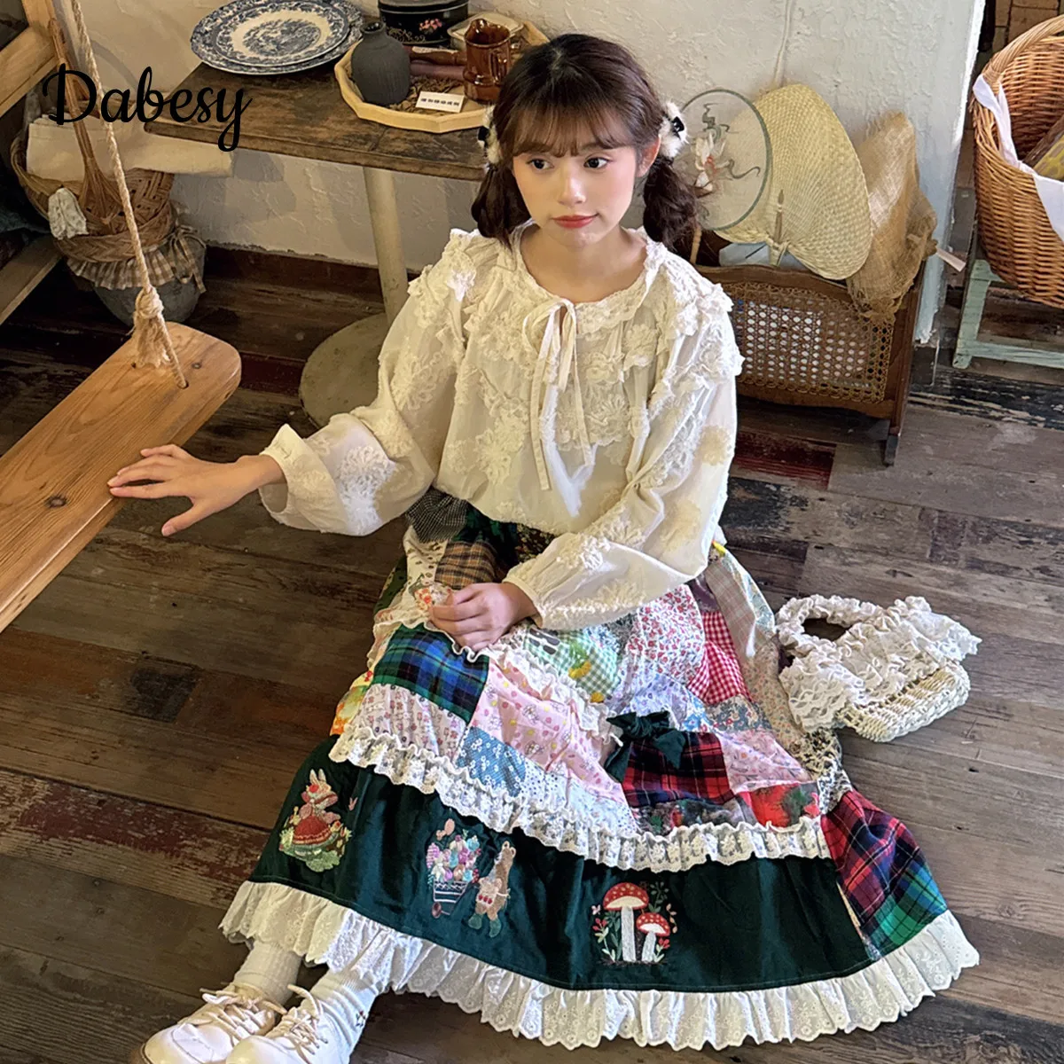 Vintage Embroidery Patchwork Green Corduroy Skirt Women Autumn Mori Girl Lace Ruffled Elastic Waist Kawaii A-Line Pleated Skirt