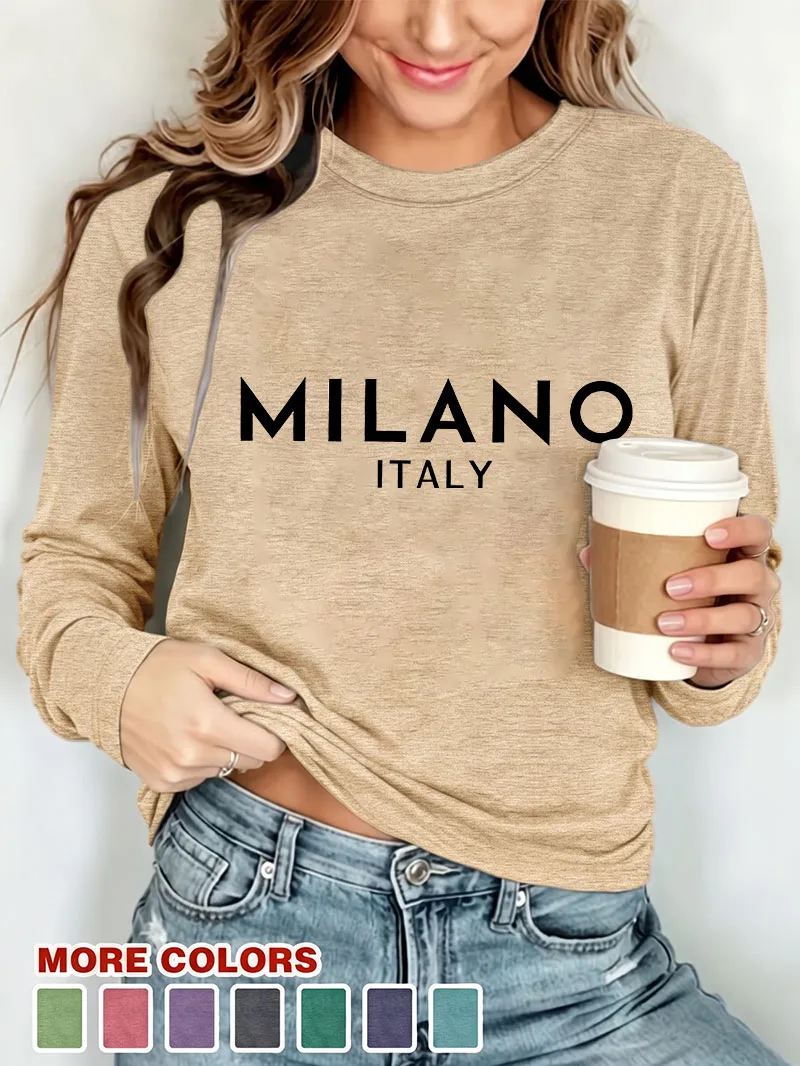 Fashion Milano Italy Letter Print T-Shirt Women Long Sleeve Female Breathable Tops Tees Casual Graphic Winter Autumn Clothing