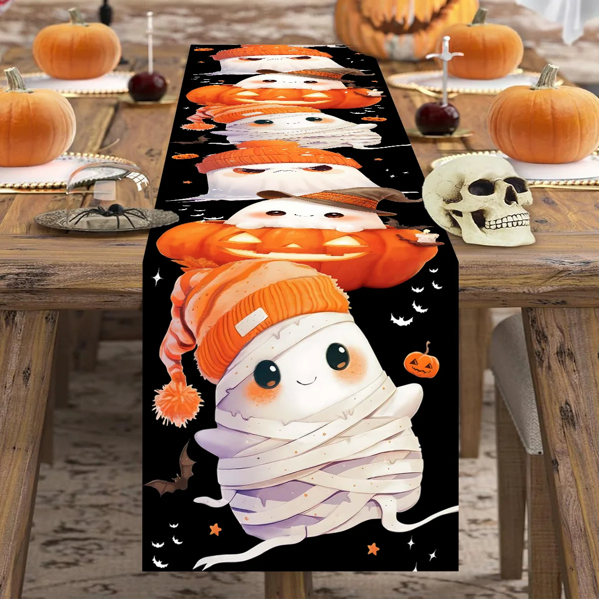 1pc Halloween Theme Cartoon Ghost Pattern Table Runner Halloween Table Cloth Dining Room Scare Halloween Party Decor