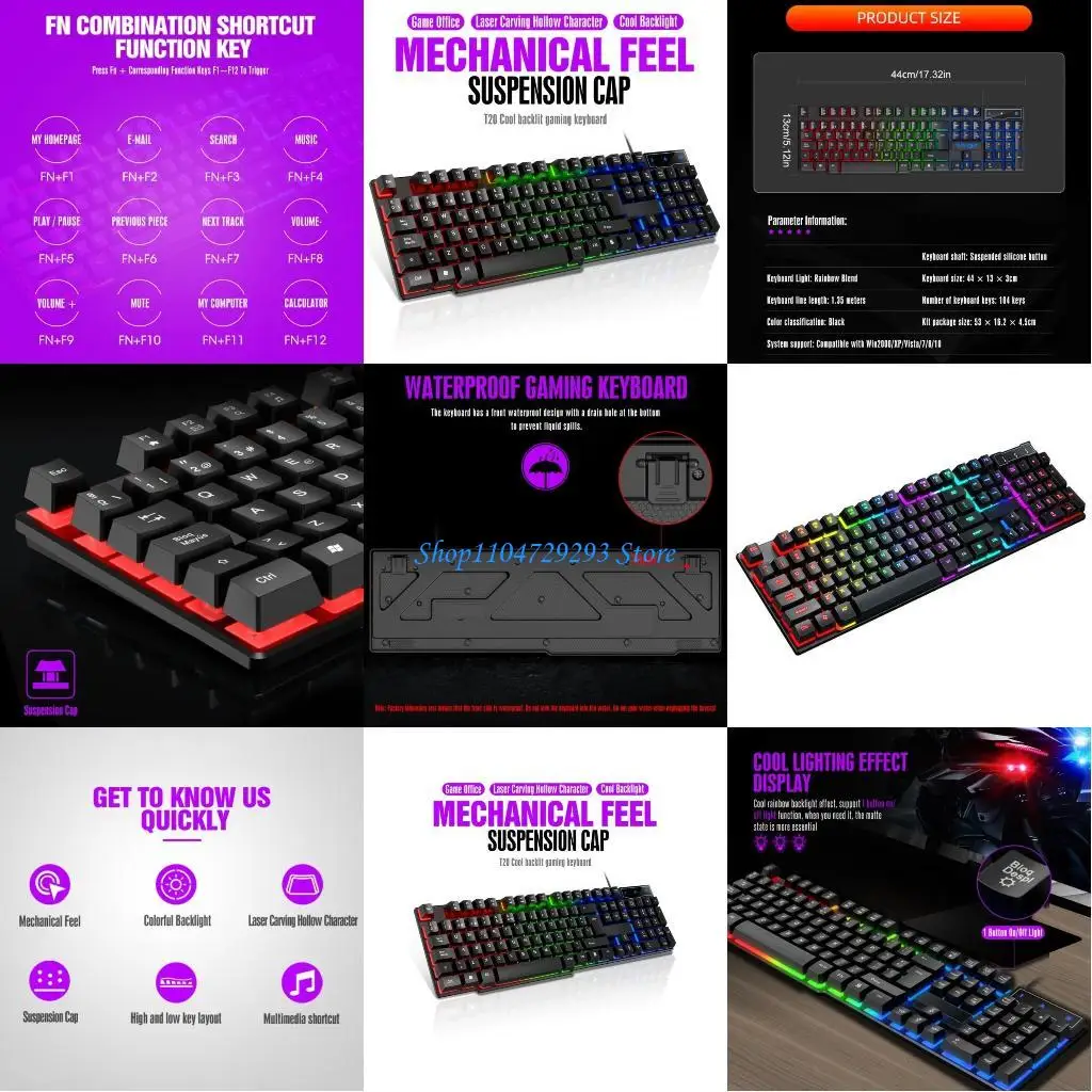 

Y2GD Gaming and Office Keyboards 104Key USB Cord Mechanical Feel Colorful Backlit
