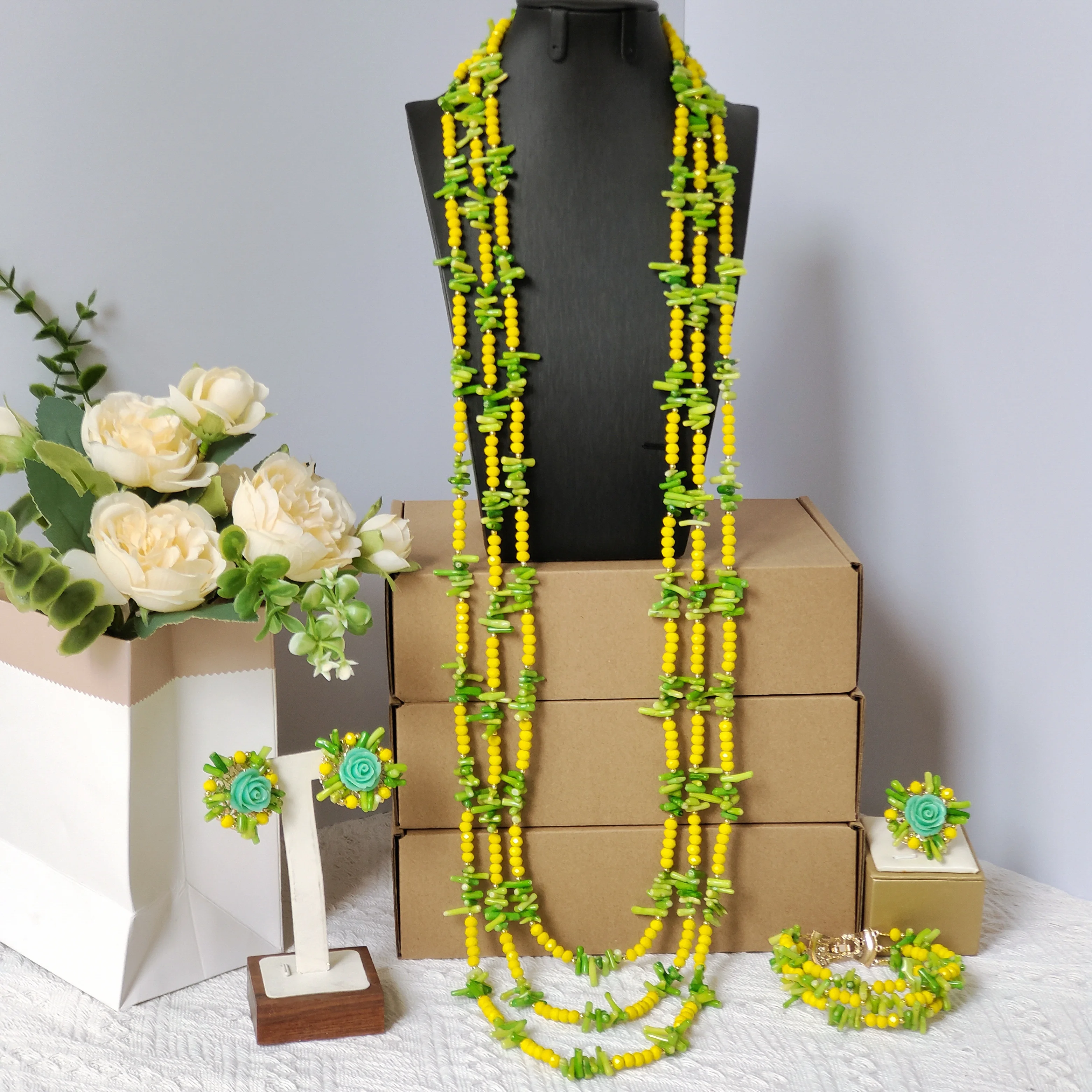 

green and yellow nigerian wedding jewelry coral beads necklace bracelet earrings ring sets