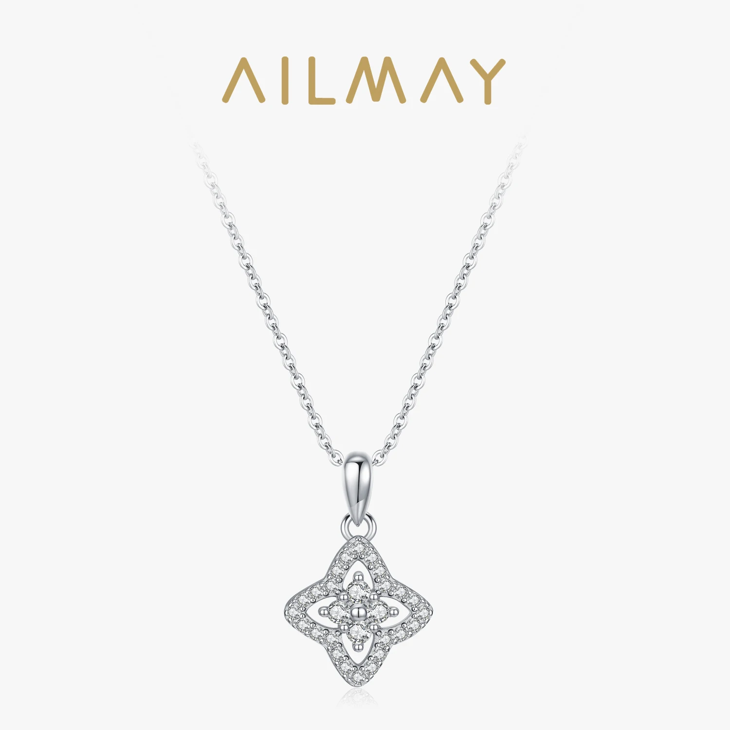

Ailmay Luxury 925 Sterling Silver Four-leaf Clover Shining Full-Zircon Lucky Pendant Necklace for Women Wedding Jewelry