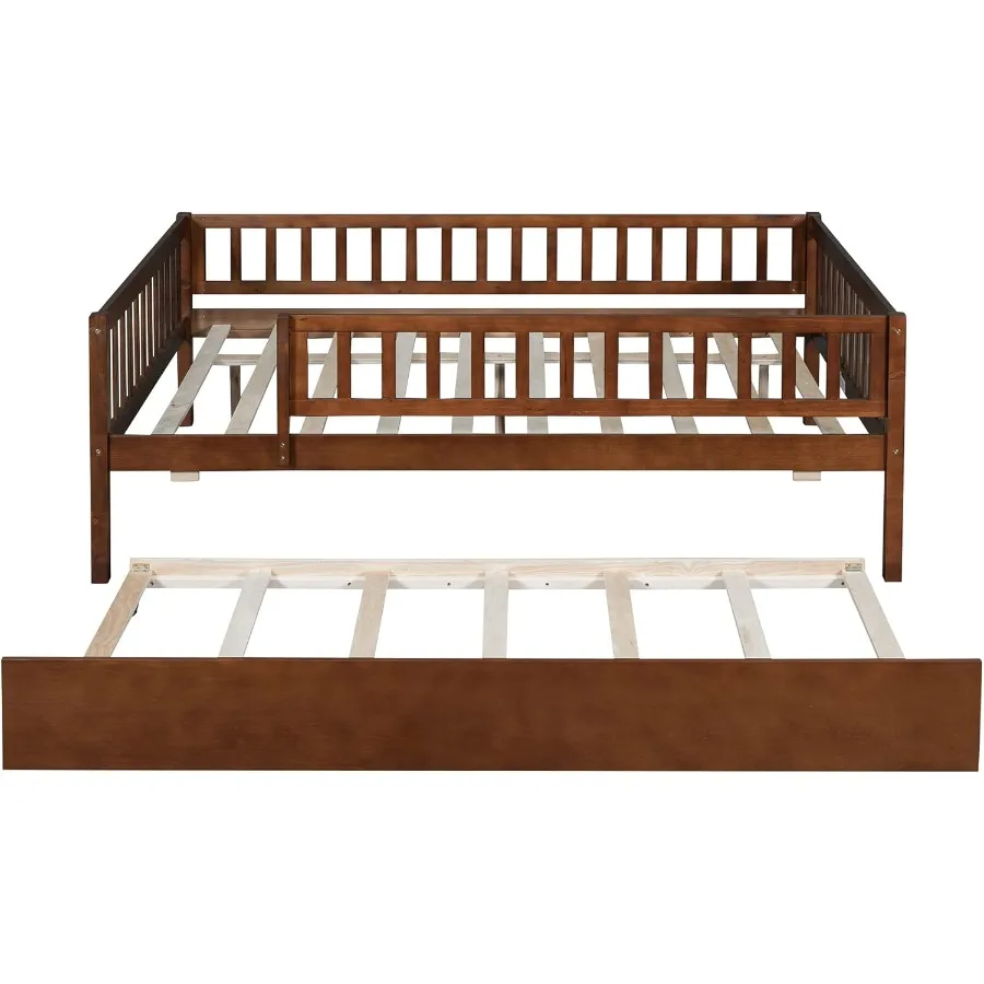 Full Size Daybed with Trundle Wood Full Platform Bed Frame with Rails No Box Spring Needed Easy Assembly for Bedroom or Guest R