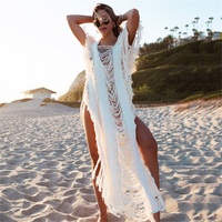 2024 New Beach Cover Up Crochet Dress Pareo Women's Beach Swimsuit Button High Waist Swimwear Bathing Suit Beachwear Bandeau Biq