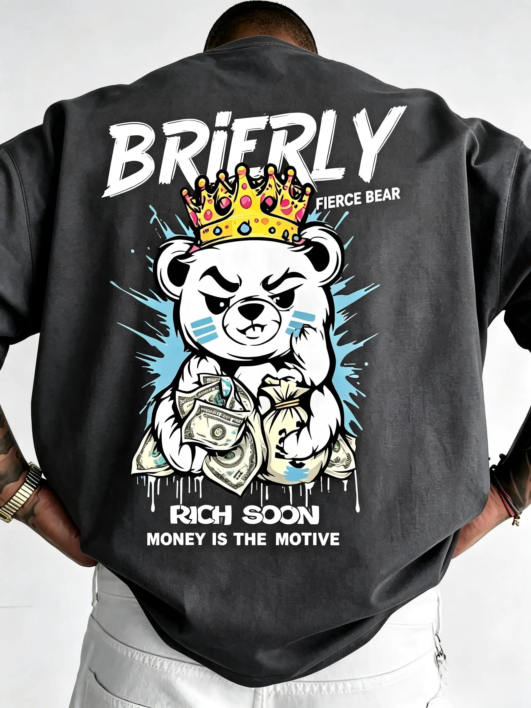 New fashionable men's summer teddy bear wealth letter print micro elastic breathable round neck T-shirt outdoor urban casual top