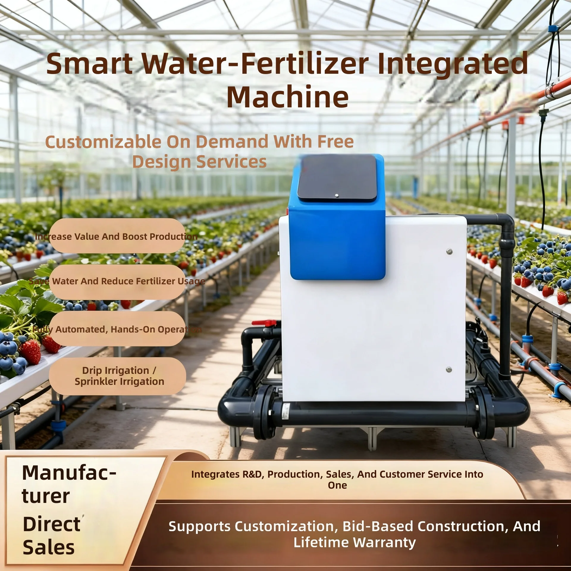 Fertigation Machine, Blueberry Strawberry Irrigation, pH EC Control, Precise Acid Adjustment, Automatic Fertilizer System