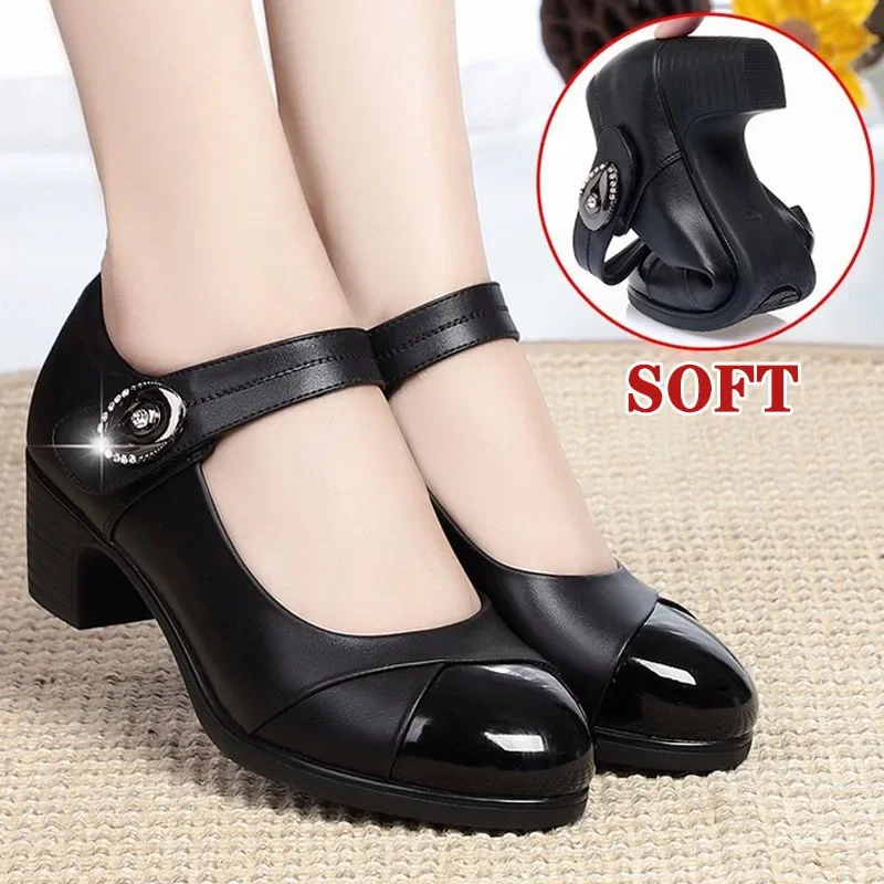 Seasons New Women\'s High Heels Fashion Round Toe Shallow Hook & Loop Pumps Soft Bottom Block Heel Middle-aged Mom Leather Shoes