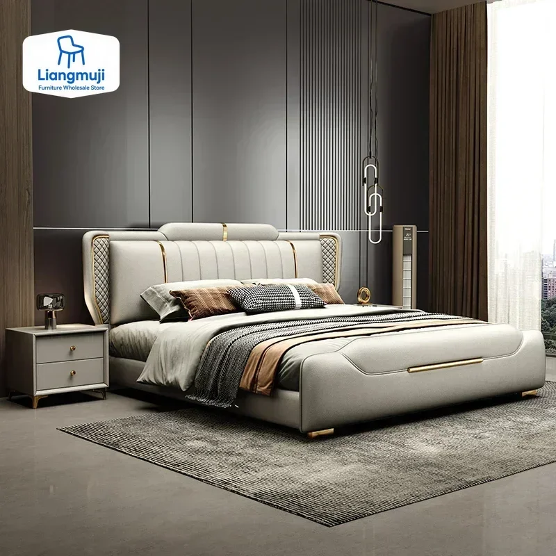 #Leather Light Luxury Bed Modern European Wedding Wood King Size Bed Twin Confortable High Quality Cama De Casal Home Furniture