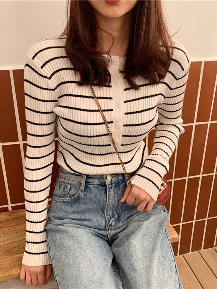 ABRINI Winter Women T-shirts Elegant Stripes Knitted Tees Buttoned Up Long Sleeve Slim Women Knitted T-shirts 2023 Autumn